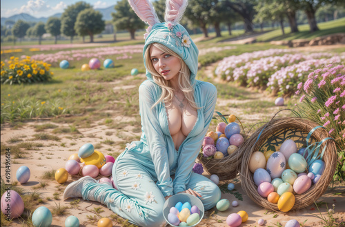 Sexy easter bunny girl wearing bunny ears on a easter egg hunt in the spring