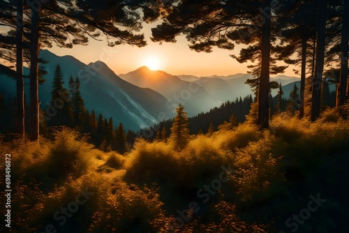 mountain background at sunrise or sunset. Generative AI