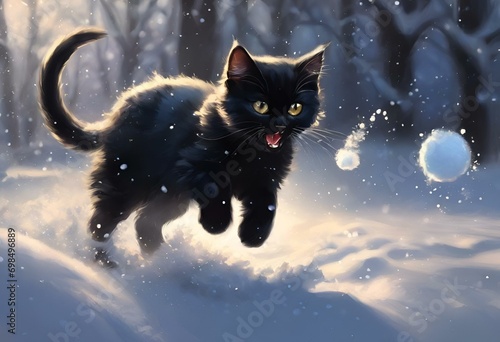 a black cat runs through the snow toward a ball that is upside down photo