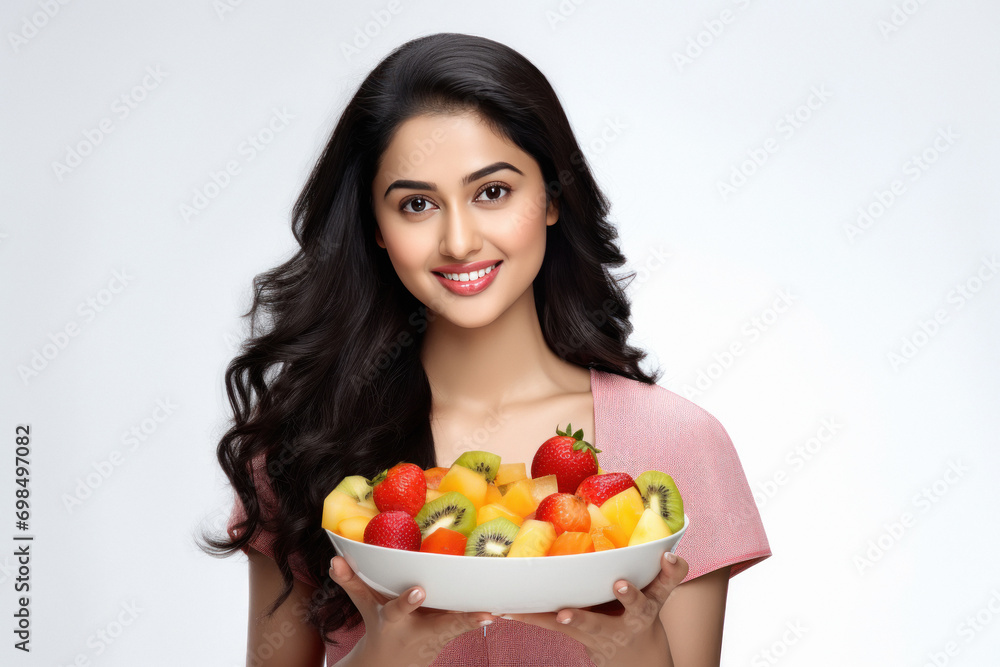 Indian beautiful woman holding a bowl of mixed fruit Indian beautiful woman holding a bowl of mixed fruit