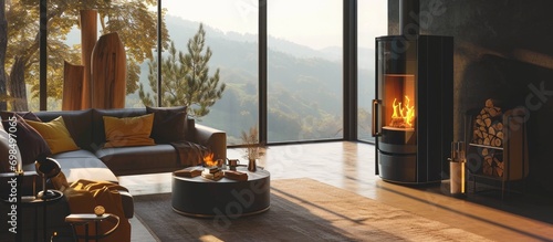 Contemporary pellet stove with fiery granules. photo