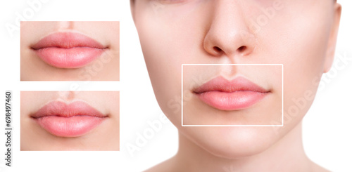 Young woman near set of different lips shapes. photo