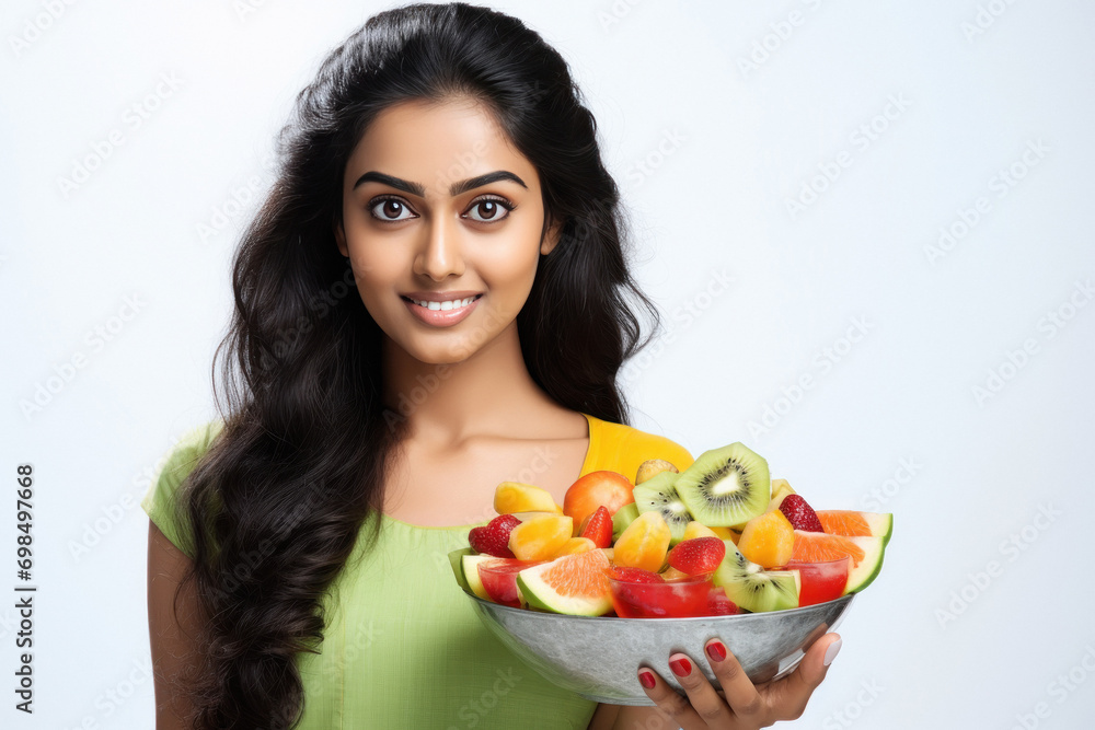 Indian beautiful woman holding a bowl of mixed fruit Indian beautiful woman holding a bowl of mixed fruit