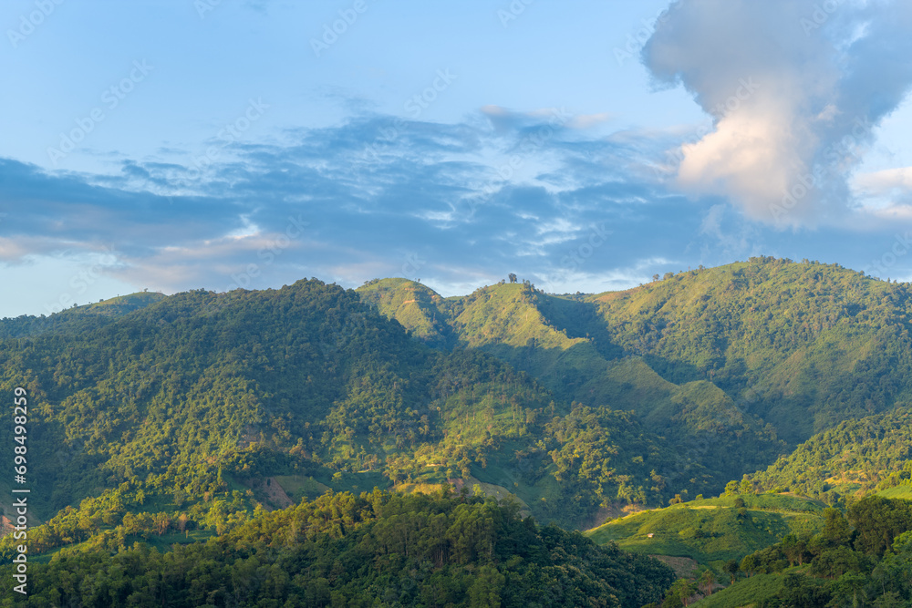 Fototapeta premium The green mountains in the tropical countryside, Asia, Vietnam, Tonkin, Dien Bien Phu, in summer, on a sunny day.