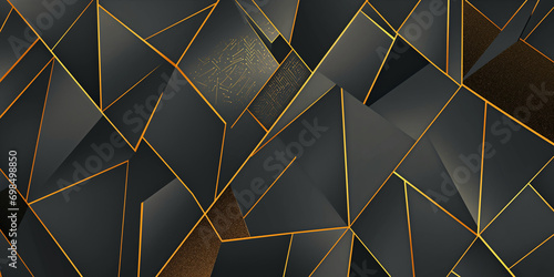 Abstrakte kunstvolle geometrische Teile in gold schwarz als Hintergrund Motiv Nahaufnahme Querformat für Banner, ai generativ