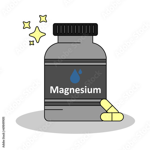 A bottle of Magnesium supplement , capsule and pills for nutrition, flat design vector and illustration
