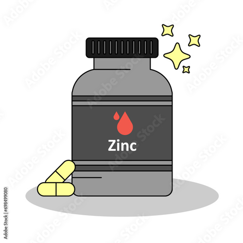 A bottle of Zinc supplement , capsule and pills for nutrition, flat design vector and illustration

