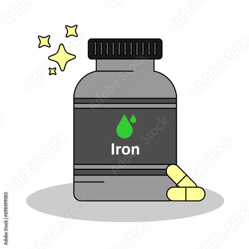 A bottle of Iron supplement , capsule and pills for nutrition, flat design vector and illustration
