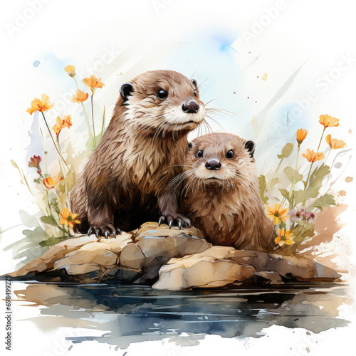 Watercolor Otter Illustration, Generative Ai