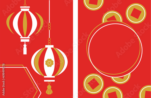 Chinese style greeting cards with gold coins and lanterns. Red background. Chinese New Year celebration banner, brochure cover, poster with symbols of wealth and luck. Blanc place for text.