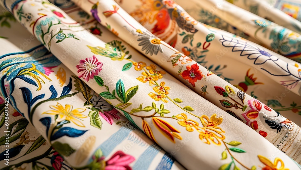 Rolled fabrics with various floral embroidery patterns. The concept of needlework and textile art.