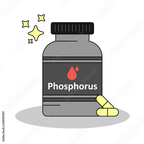 A bottle of Phosphorus supplement , capsule and pills for nutrition, flat design vector and illustration
