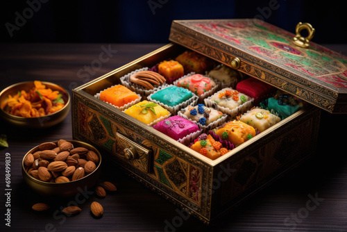 Indian sweets or mithai packed in the box for diwali festival. © Neha