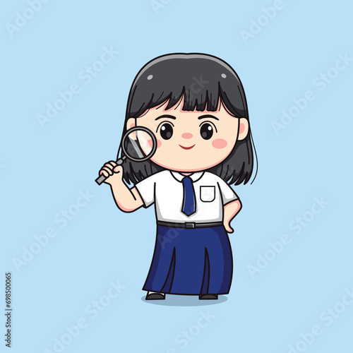 cute junior high school student girl with magnifying glass chibi kawaii