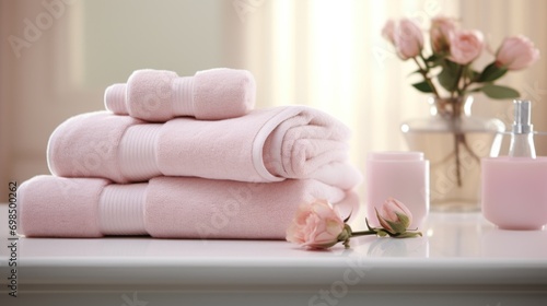  a stack of pink towels sitting on top of a table next to a vase of flowers and a bottle of lotion.