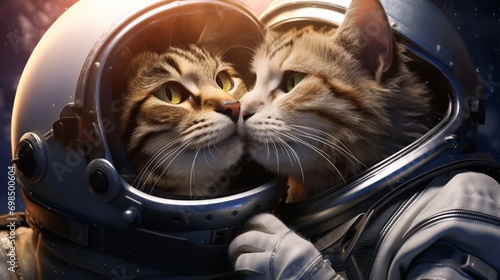 A comical scene featuring a dog and cat in space gear, their helmets slightly fogged up, sharing a humorous and warm hug while floating among stars and planets on a light backdrop.