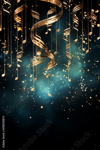 Dark black, blue and gold musical glowing artisitic background photo