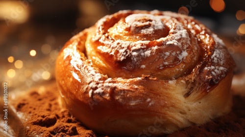  a cinnamon roll sitting on top of a pile of powdered sugar on top of a piece of brown paper.