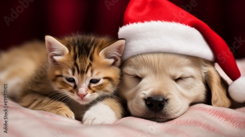 A delightful image of a happy kitten and a puppy snuggled together on a cozy blanket, both wearing red Santa hats, as they eagerly await the arrival of Christmas morning.