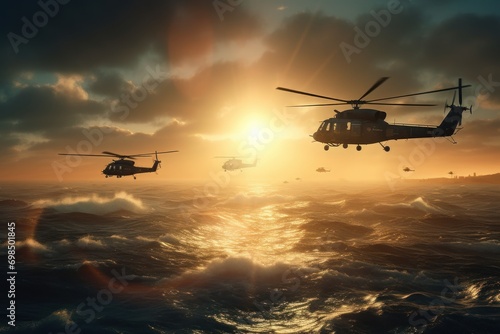 military war helicopters over the ocean photo