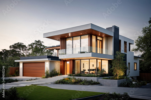 A modern eco friendly luxurious house with yard, exterior design