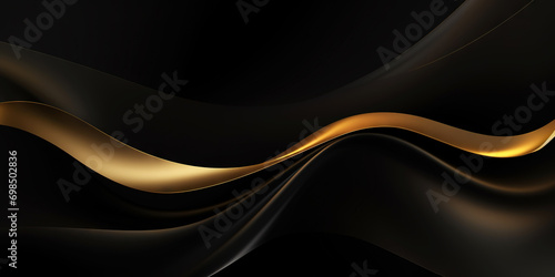 Abstract background with realistic golden and black wavy fluid shape. Interwined gold stripes. Generative AI