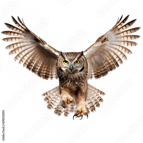 Owl with outstretched wings isolated on white background.