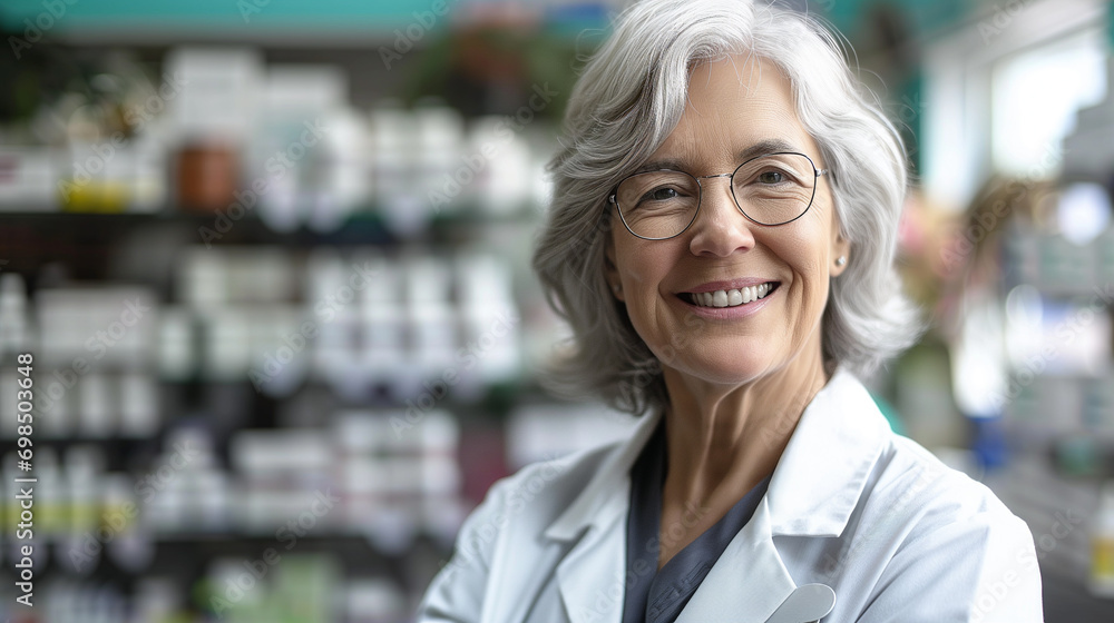 Smiling female pharmacist in drugstore store Generative AI	