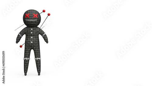 Black magic voodoo doll with pins 3d render illustration for Halloween decoration