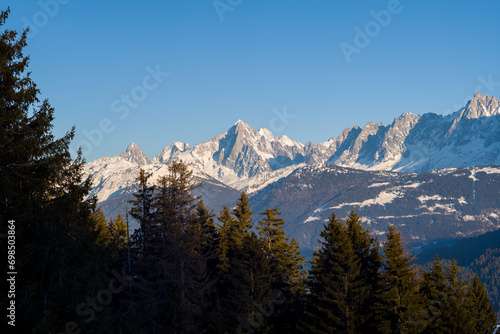 Peaks in the Mont Blanc massif in Europe, France, Rhone Alpes, Savoie, Alps, in winter on a sunny day.