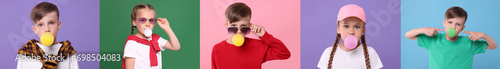 Cute children blowing bubble gums on color backgrounds, set of photos