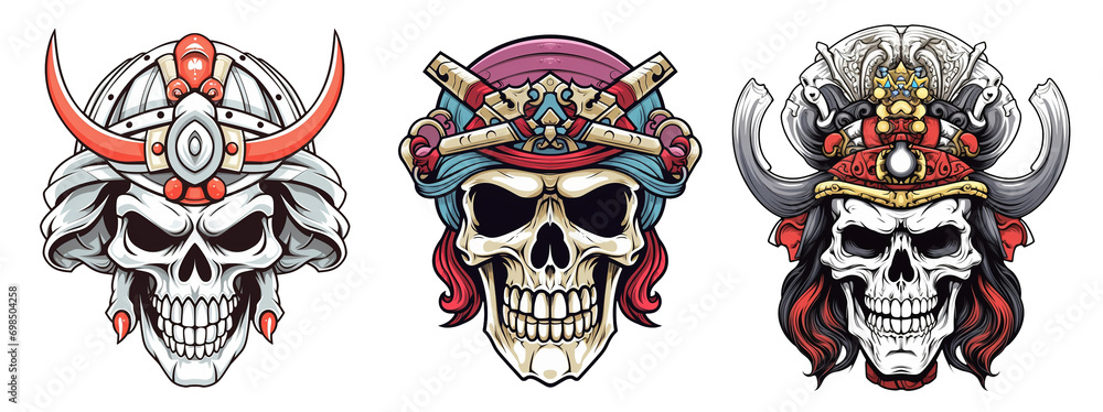 set of skull mascots wearing war crowns set of skull mascots wearing war crowns