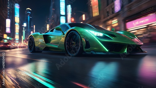Sports Car On The Street at Night. Powerful acceleration long exposure lights trails. Generative AI