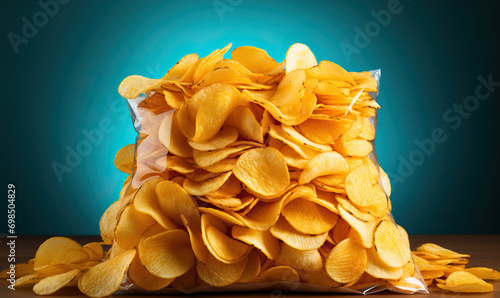 Open package with chips on a colored background. photo