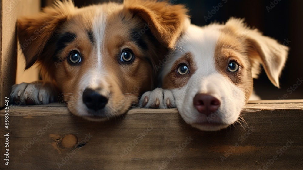 A heart-melting moment captured in high definition as two adorable dogs look directly into the camera, their eyes filled with love and curiosity.