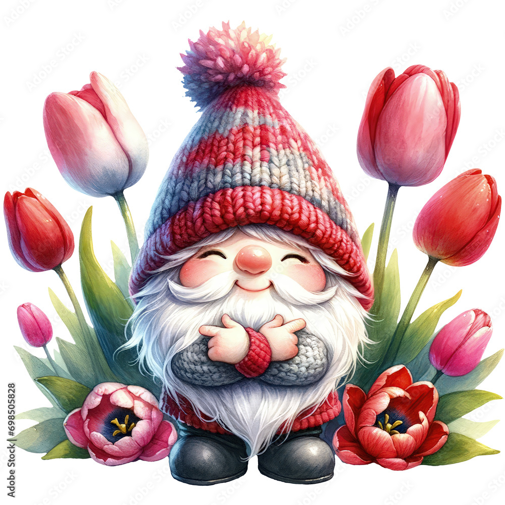 Cute Gnome Tulips Valentine Clipart Illustration