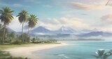 An immersive depiction of a coastal paradise featuring a sandy beach, a serene lagoon with diverse plant life, and a grand mountain rising -Generative Ai