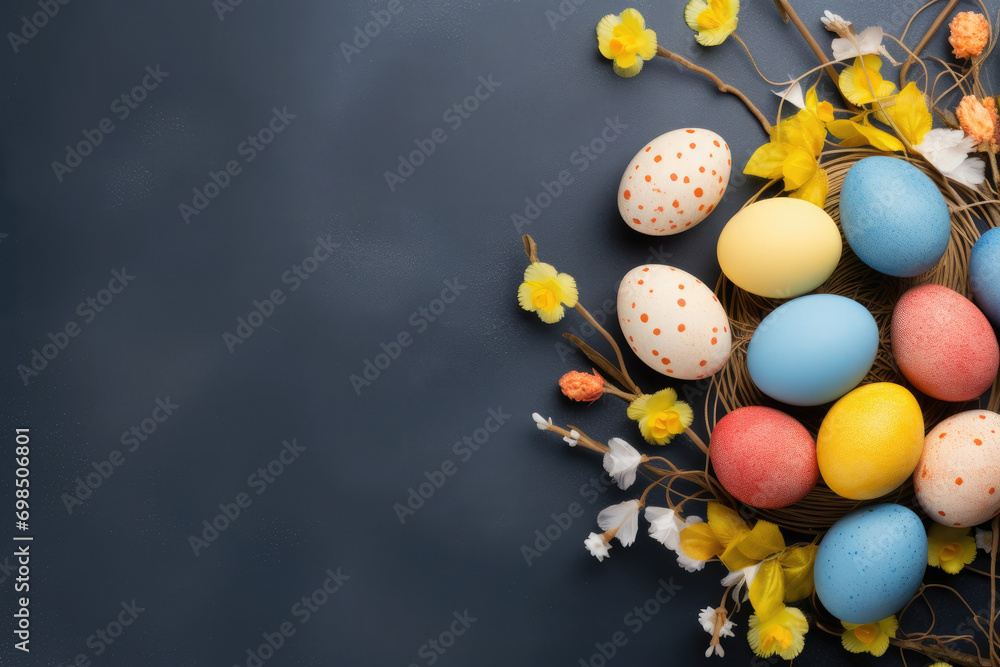 A colorful  eggs on a branch surrounded by flowers on black background Perfect for Easter or spring-themed designs, greeting cards, or illustrations for children's books.Easter holiday card concept.