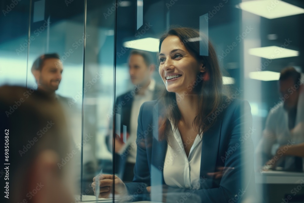 Small group of working people working in modern office having fun chatting around the table Small group of working people working in modern office having fun chatting around the table