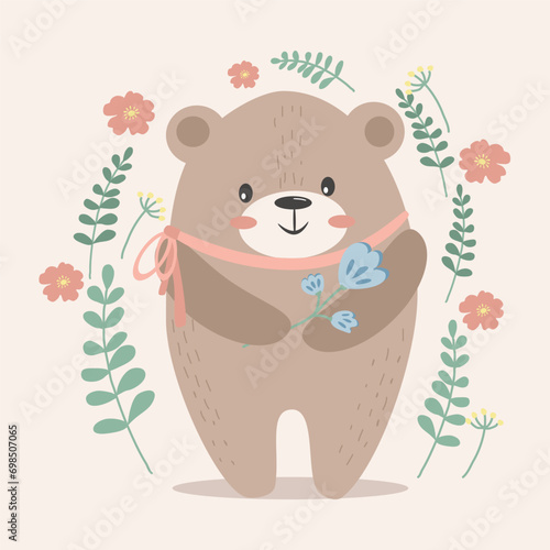 Cute bear with flowers. Cartoon teddy bear in forest. Bear vector illustration. Drawing. Cute animals flowers. Greeting card, child poster, print design. Typography