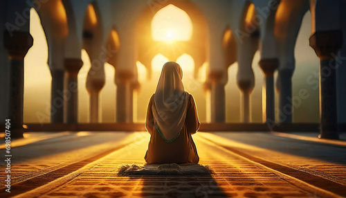 Muslim women praying to God in the mosque.  photo