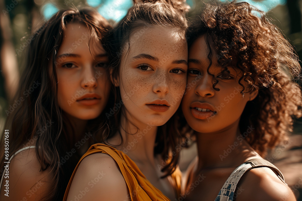 Three young female models of different races, posing on nature background Three young female models of different races, posing on nature background