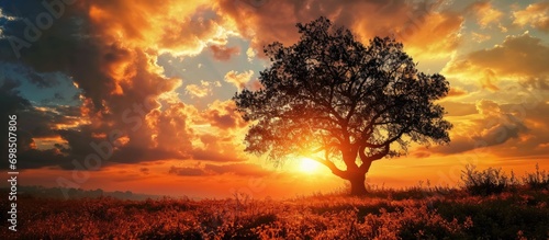 Breathtaking sunset with a stunning tree silhouette.