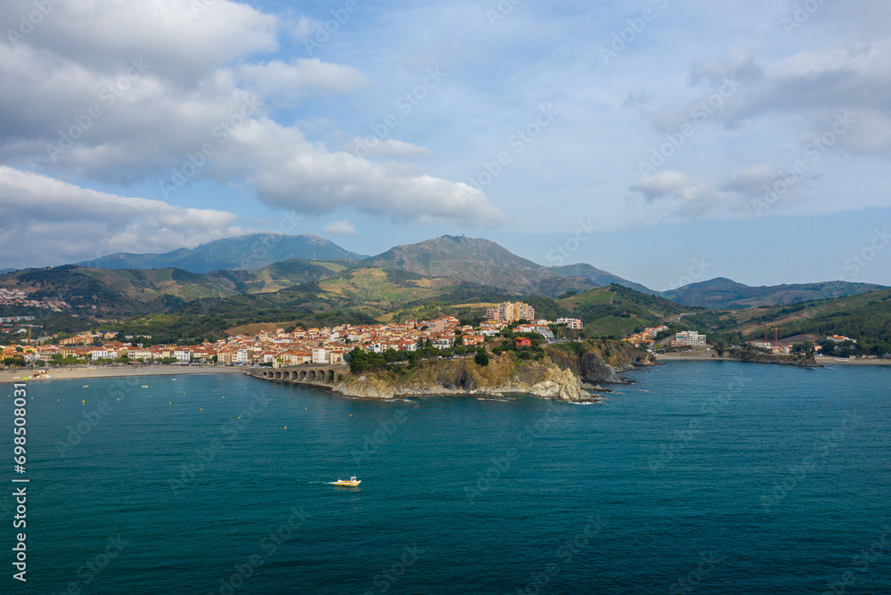 The medieval town by the sea in Europe, France, Occitanie, Pyrenees Orientales, Banyuls-sur-Mer, By the Mediterranean Sea, in summer, on a sunny day.