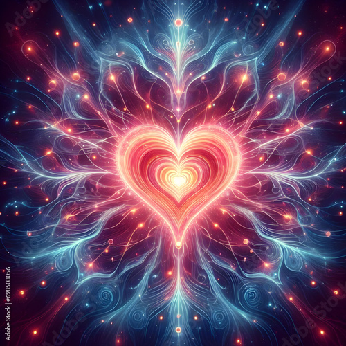 Psychic waves emanating from heart-shaped energy, symbolizing the power of unconditional love in spiritual growth. photo