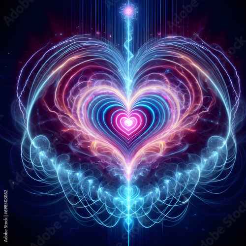 Psychic waves emanating from heart-shaped energy, symbolizing the power of unconditional love in spiritual growth.