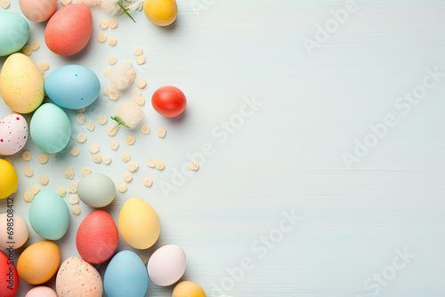 Many colorful eggs and flowers arranged on white background. for Easter, spring, farm, or food-themed designs and projects. Adds a vibrant and cheerful touch.Easter holiday card concept