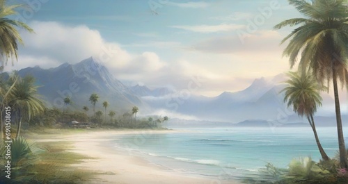 An immersive depiction of a coastal paradise featuring a sandy beach, a serene lagoon with diverse plant life, and a grand mountain rising from the heart of the -Generative Ai