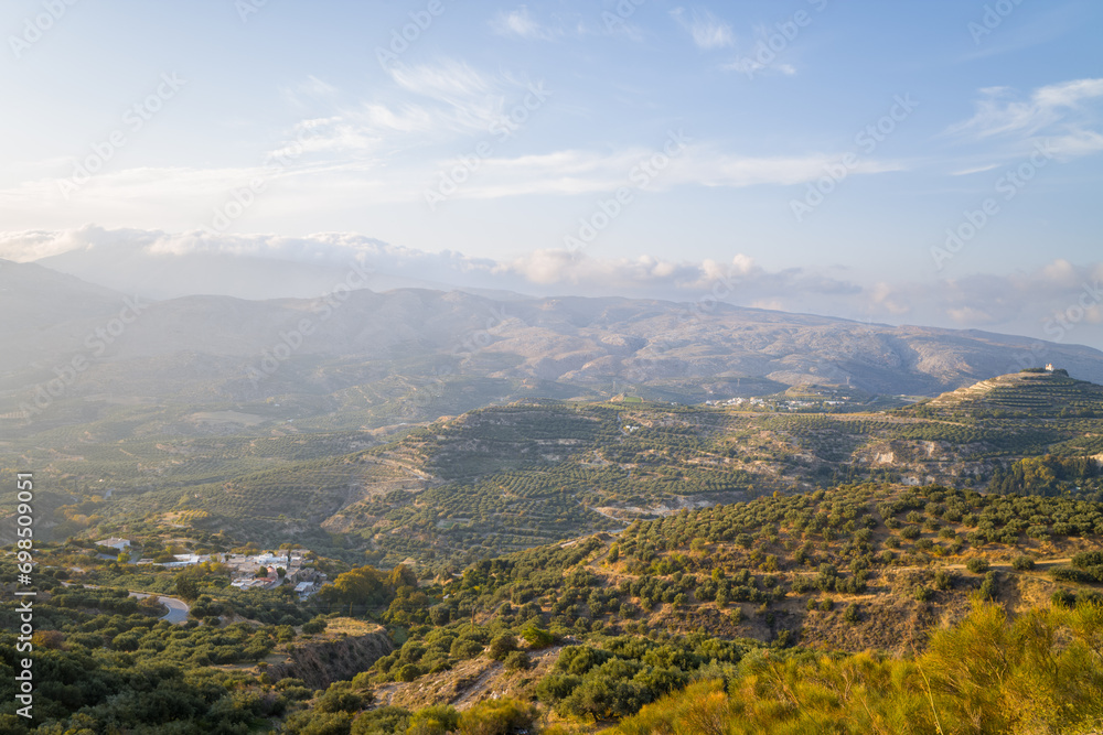 Obraz premium The rocky mountains above green olive fields , in Europe, Greece, Crete, towards Ierapetra, By the Mediterranean sea, in summer, on a sunny day.