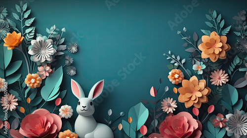Easter bunny with flowers and eggs. depicts a cute bunny surrounded by colorful flowers and Easter eggs.for Happy Easter banner, poster, greeting card. © Planetz